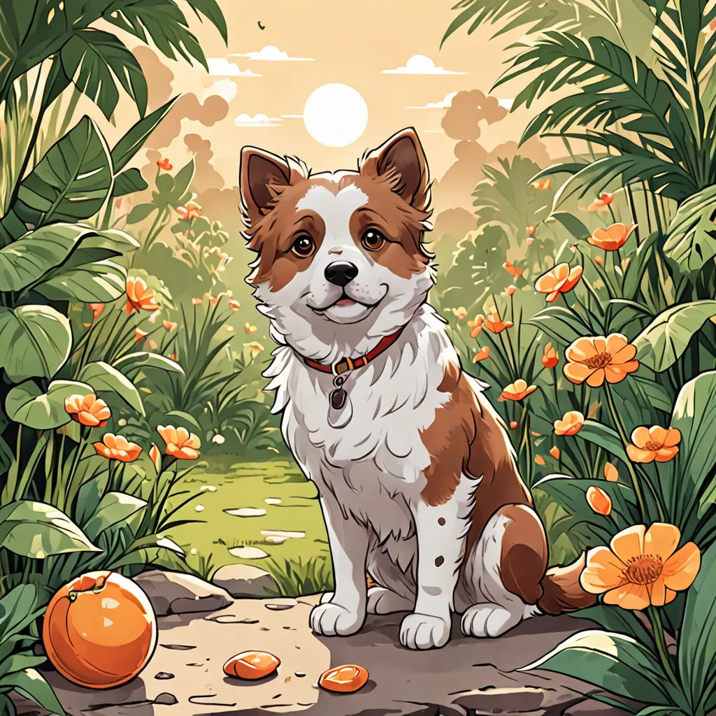 a dog sitting in a field of flowers and plants with a sun in the background and a dog sitting on the ground, sots art, a character portrait, Chris LaBrooy, orange
