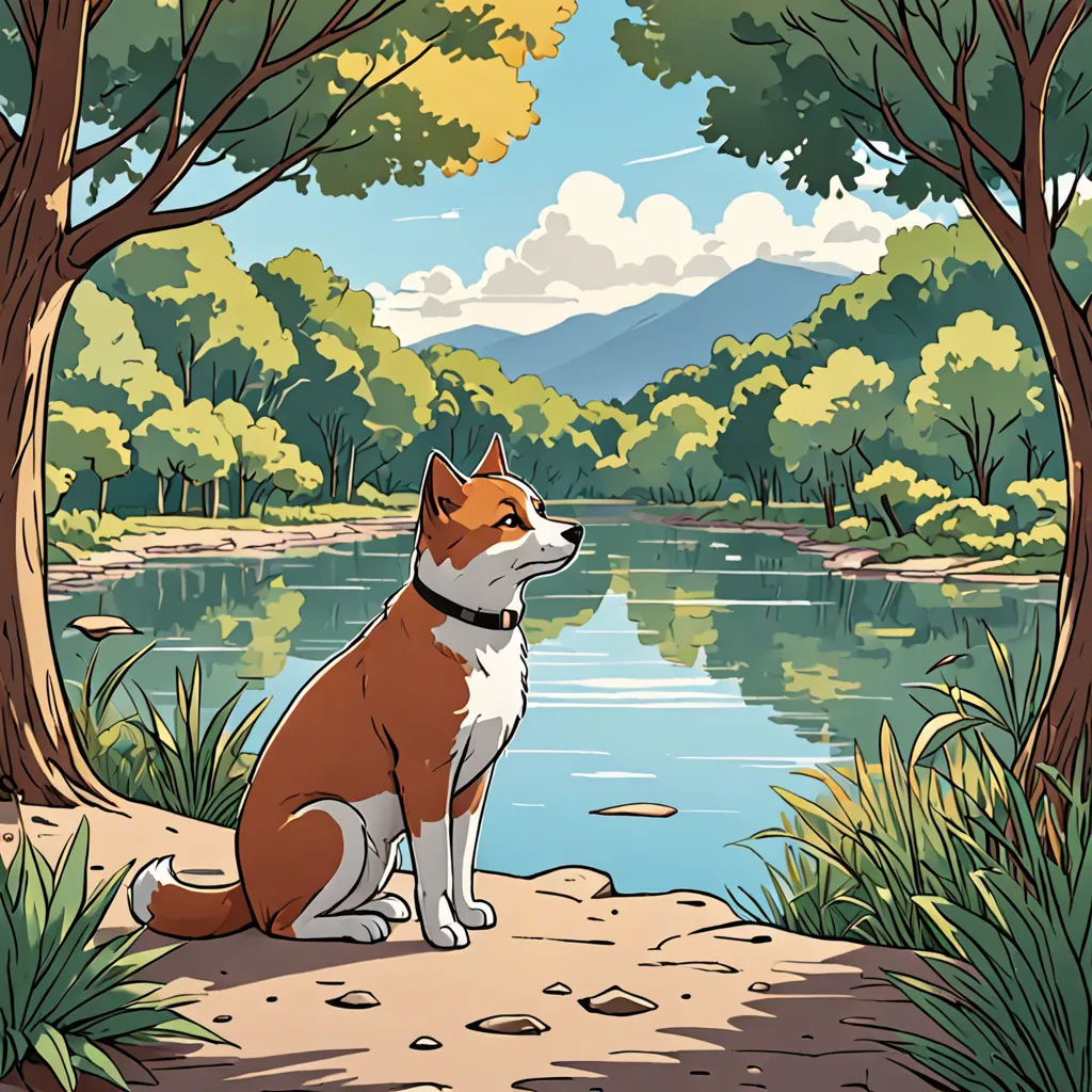 a dog sitting on a rock near a lake and trees with a mountain in the background and a sky with clouds, environmental art, a storybook illustration, Asaf Hanuka, comic cover art