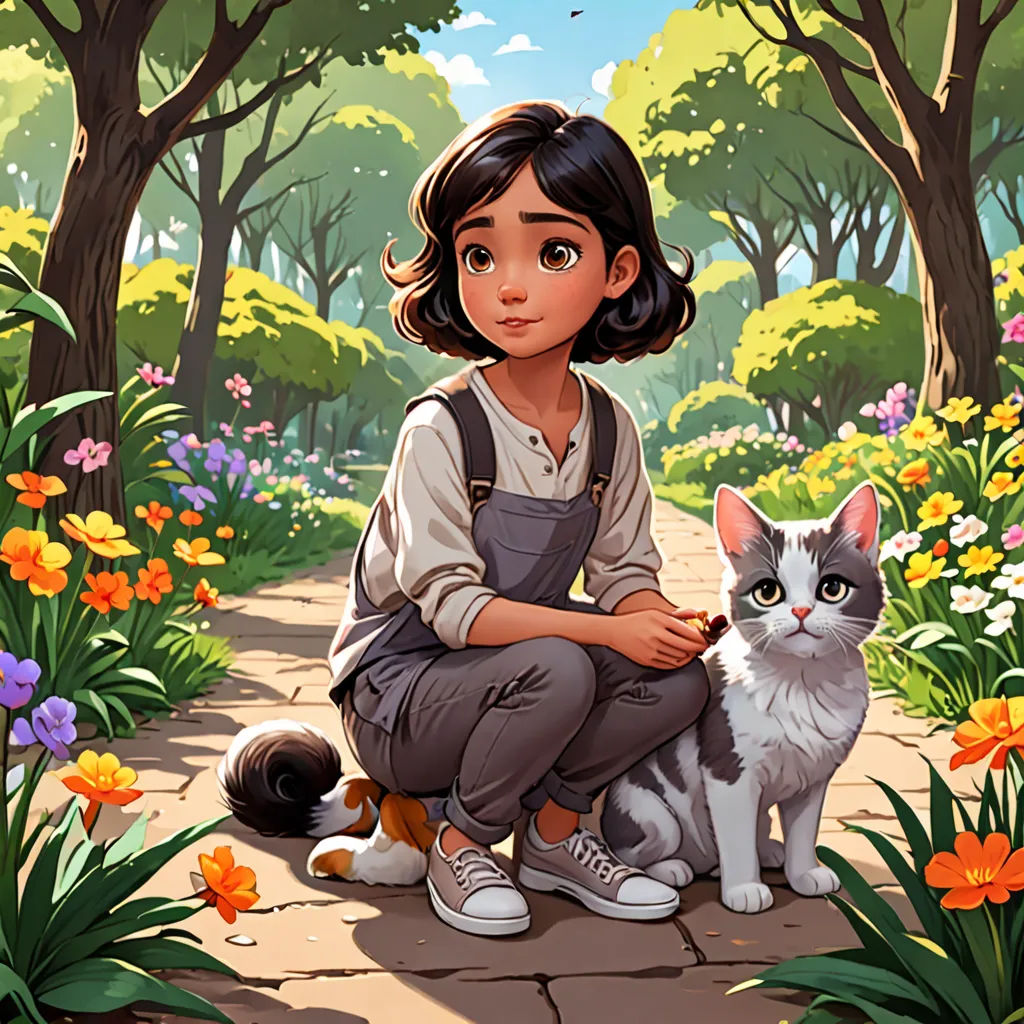 a painting of a girl sitting on a path with a cat in front of her and flowers around her, fantasy art, a character portrait, Cliff Childs, official art