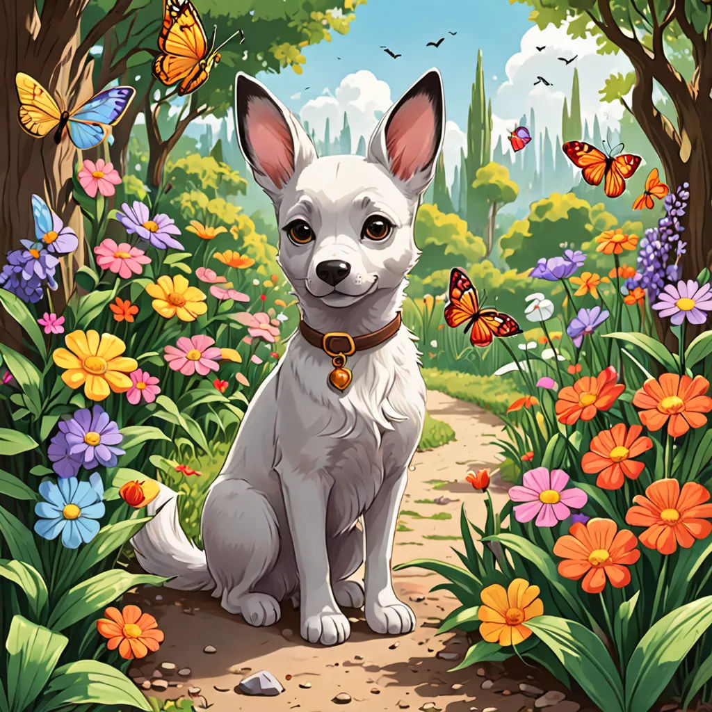 a dog sitting in a garden with butterflies and flowers around him and a butterfly on his collar, and a butterfly on his collar, sots art, a character portrait, Chris LaBrooy, game art