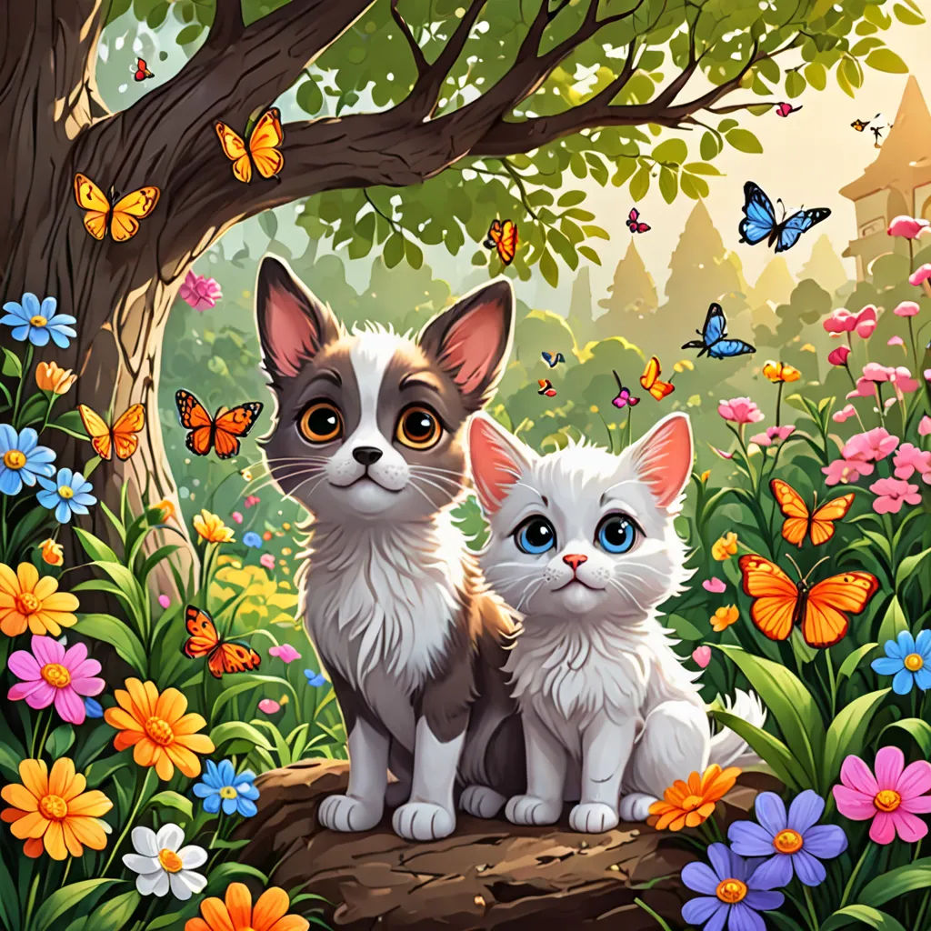 two cats sitting on a log in a forest with butterflies and flowers around them, with a butterfly - themed background, sots art, a storybook illustration, Android Jones, game art