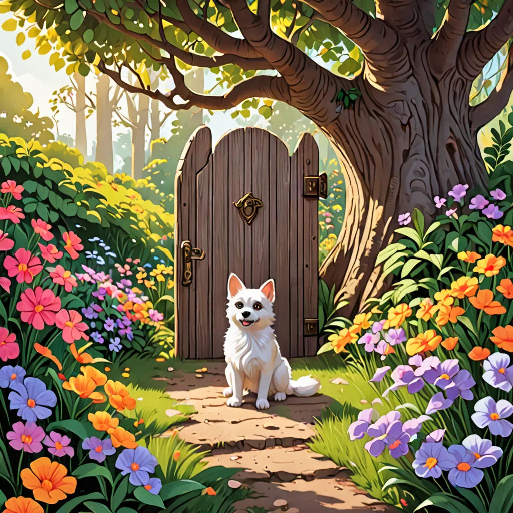 a painting of a dog sitting in front of a gate in a garden with flowers and trees around it, fantasy art, a storybook illustration, Chris LaBrooy, storybook illustration