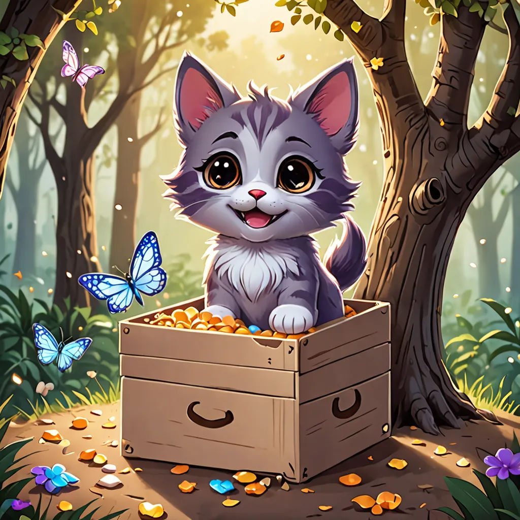 a cat sitting in a box in the woods with a butterfly flying around it and a tree with leaves, sots art, a character portrait, Eden Box, splash art
