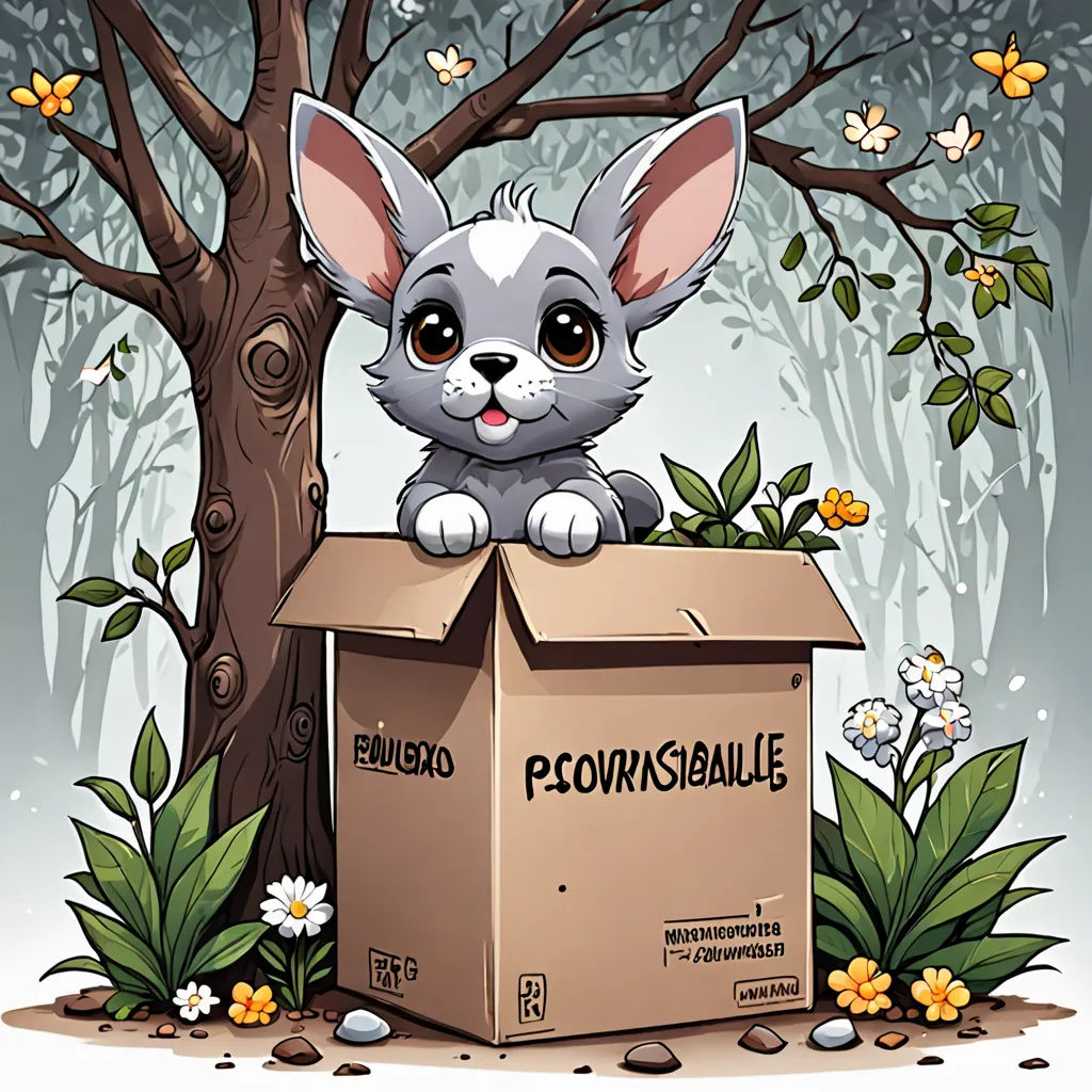 a cartoon cat sitting on top of a box in a forest with flowers and butterflies around it, with a tree in the background, furry art, a storybook illustration, Bela Čikoš Sesija, comic cover art
