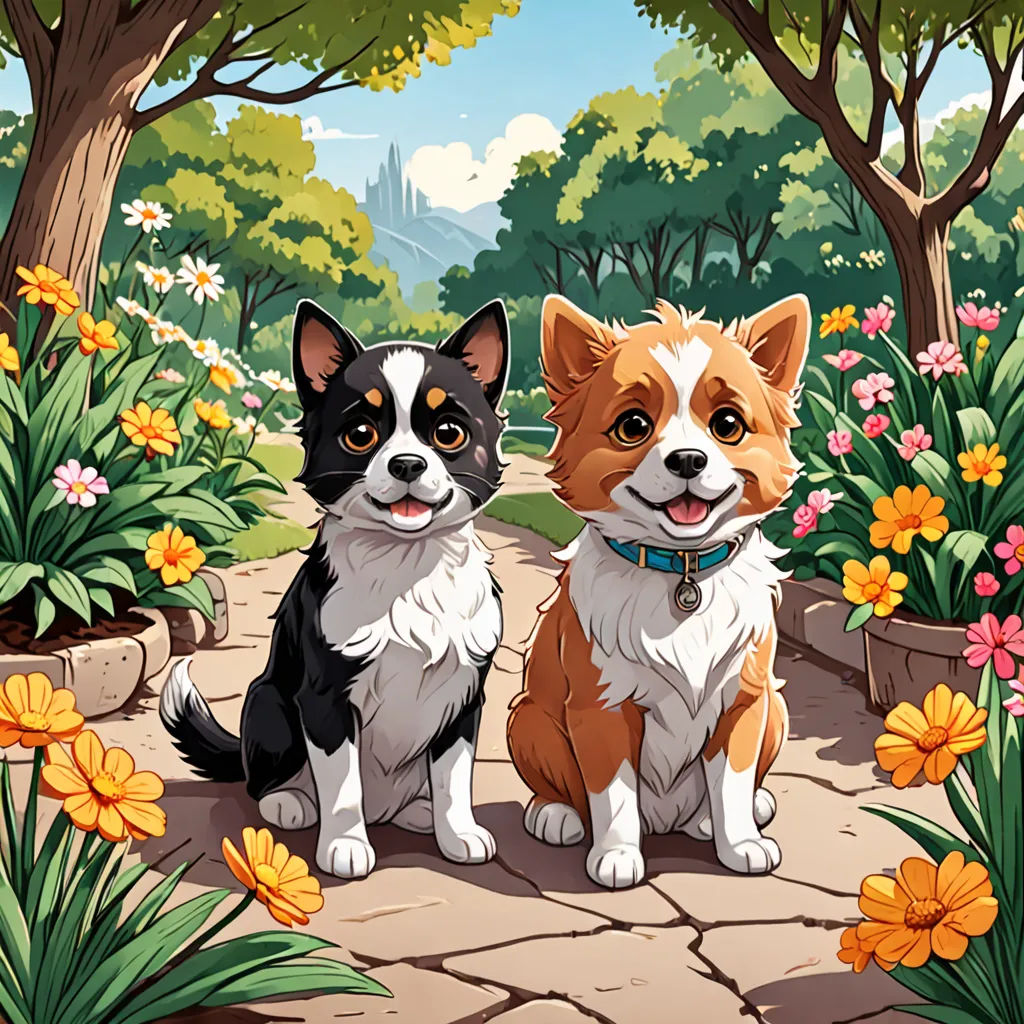 two dogs sitting in a garden with flowers and trees in the background, one is black and white and the other is brown and white, sots art, a storybook illustration, Anne Said, game art