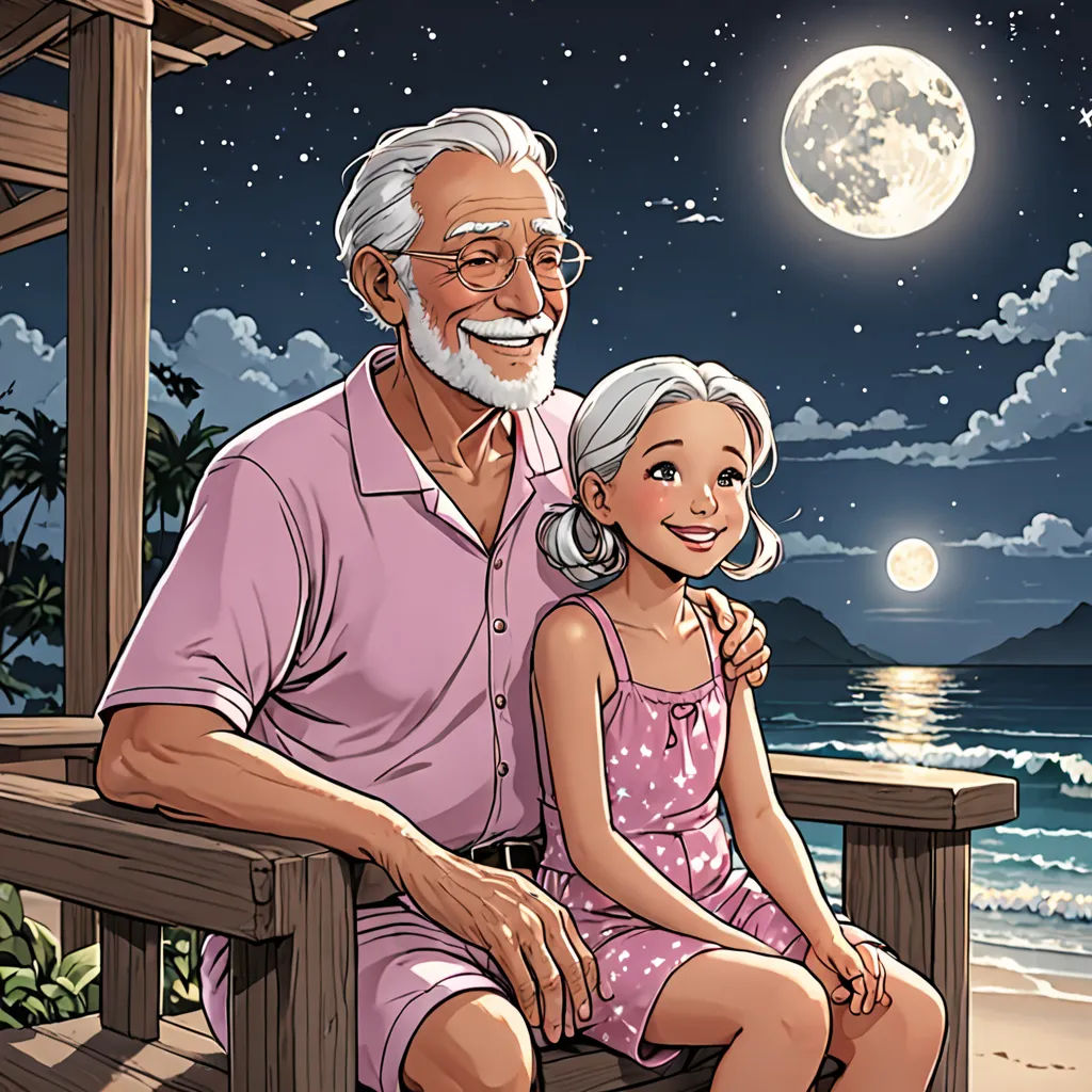a man and a little girl sitting on a bench near the ocean at night with the moon in the sky, figurative art, a storybook illustration, Cliff Childs, storybook illustration