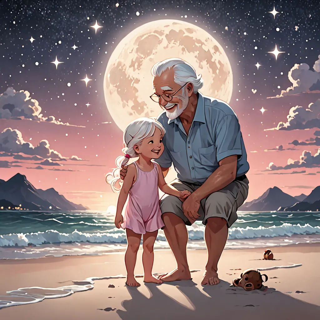 a man kneeling down next to a little girl on a beach under a full moon sky with stars and a full moon behind them, fantasy art, a storybook illustration, Cyril Rolando, storybook illustration