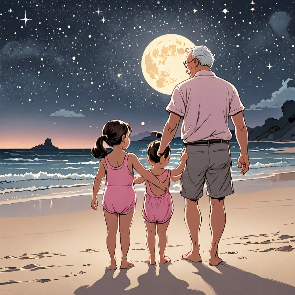 a man and two little girls standing on a beach under a full moon and stars sky with the moon shining, space art, a storybook illustration, Asaf Hanuka, yukito kishiro