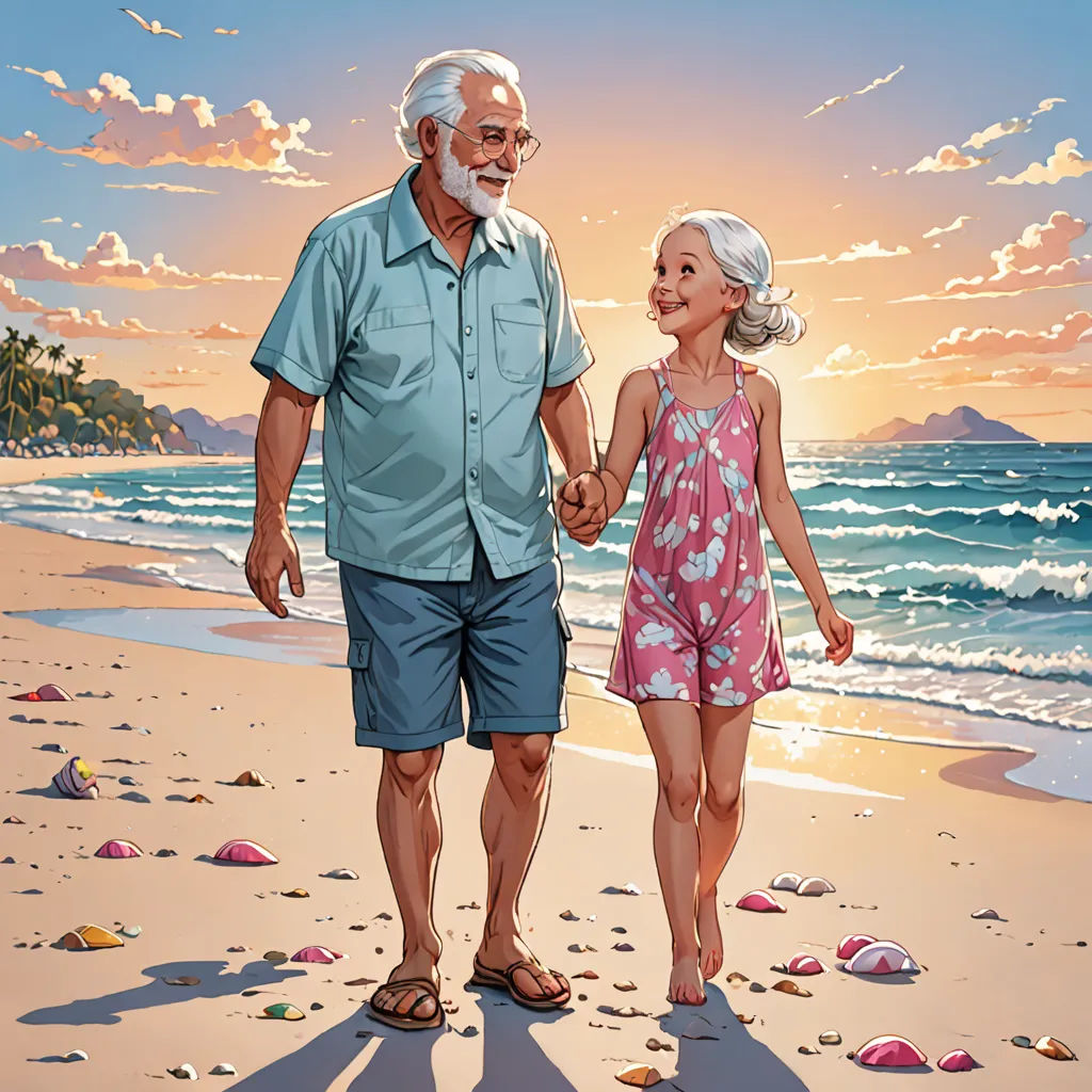 a man and a little girl walking on a beach holding hands and smiling at each other with the sun setting behind them, figurative art, a storybook illustration, F Scott Hess, rossdraws global illumination