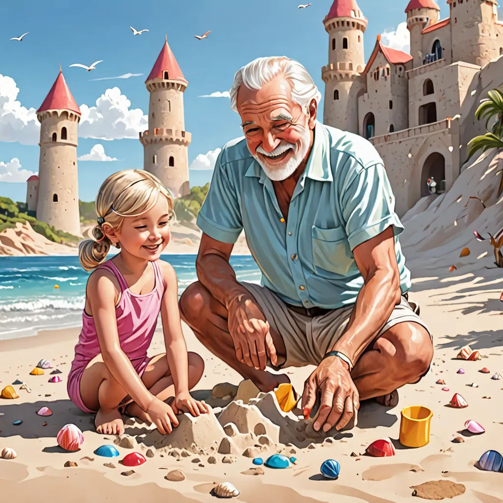 a man and a little girl are playing in the sand on the beach with a castle in the background, photorealism, a storybook illustration, Bob Byerley, highly detailed digital painting