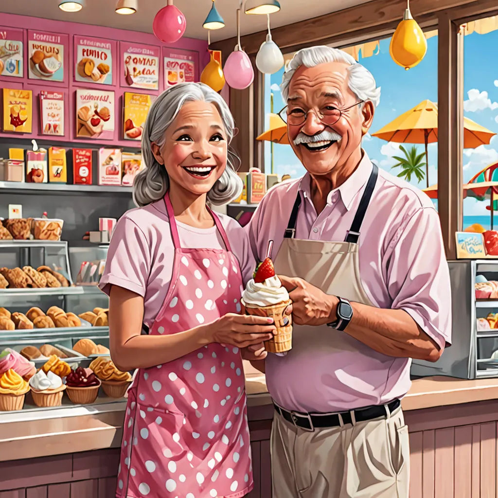 a man and woman standing in front of a bakery counter holding a cupcake and a cupcake in front of them, american scene painting, a storybook illustration, Bob Byerley, highly detailed digital painting