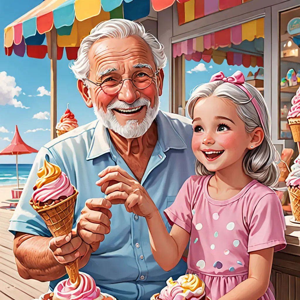 a man and a little girl are standing in front of a ice cream shop with a large painting of an older man and a little girl, american scene painting, a storybook illustration, Cliff Childs, highly detailed digital painting