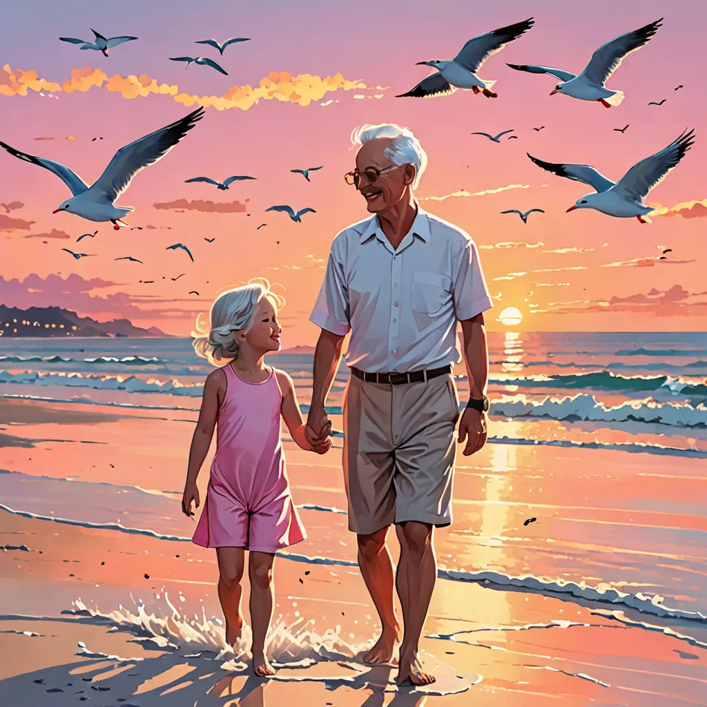 a man and a little girl walking on a beach with birds flying overhead in the background at sunset with a pink sky, figurative art, a storybook illustration, F Scott Hess, comic cover art