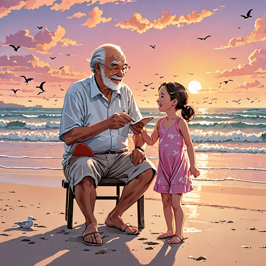 a man sitting on a chair next to a little girl on a beach with a bird flying over him, figurative art, a storybook illustration, Asaf Hanuka, yukito kishiro