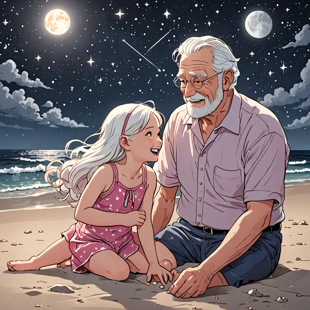 a man and a little girl sitting on a beach under a night sky with stars and the moon above them, space art, a storybook illustration, Cliff Childs, comic cover art