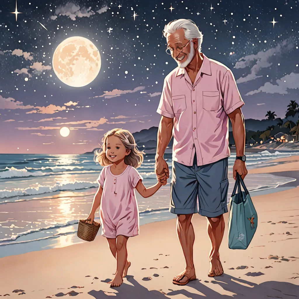 a man and a little girl walking on a beach under a full moon and stars sky with the moon in the background, figurative art, a storybook illustration, Cliff Childs, storybook illustration