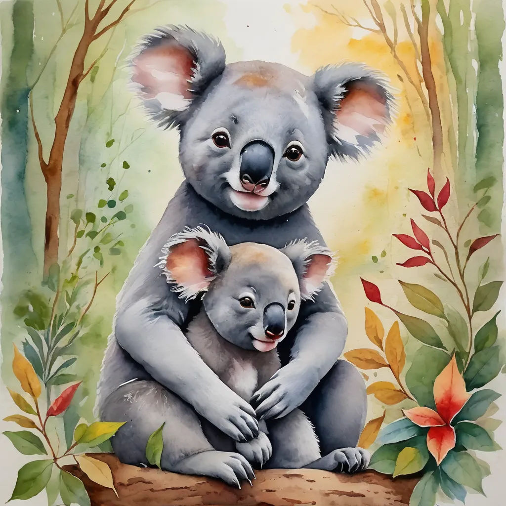 a painting of a koala and her baby in a tree branch with leaves and flowers around it, with a white background, lyco art, a watercolor painting, Aloysius O'Kelly, watercolor