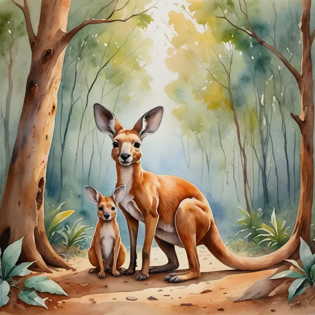a painting of a kangaroo and her baby in a forest setting with trees and foliages around them, with a baby kangaroo sitting next to it, australian tonalism, a storybook illustration, Elizabeth Durack, official art