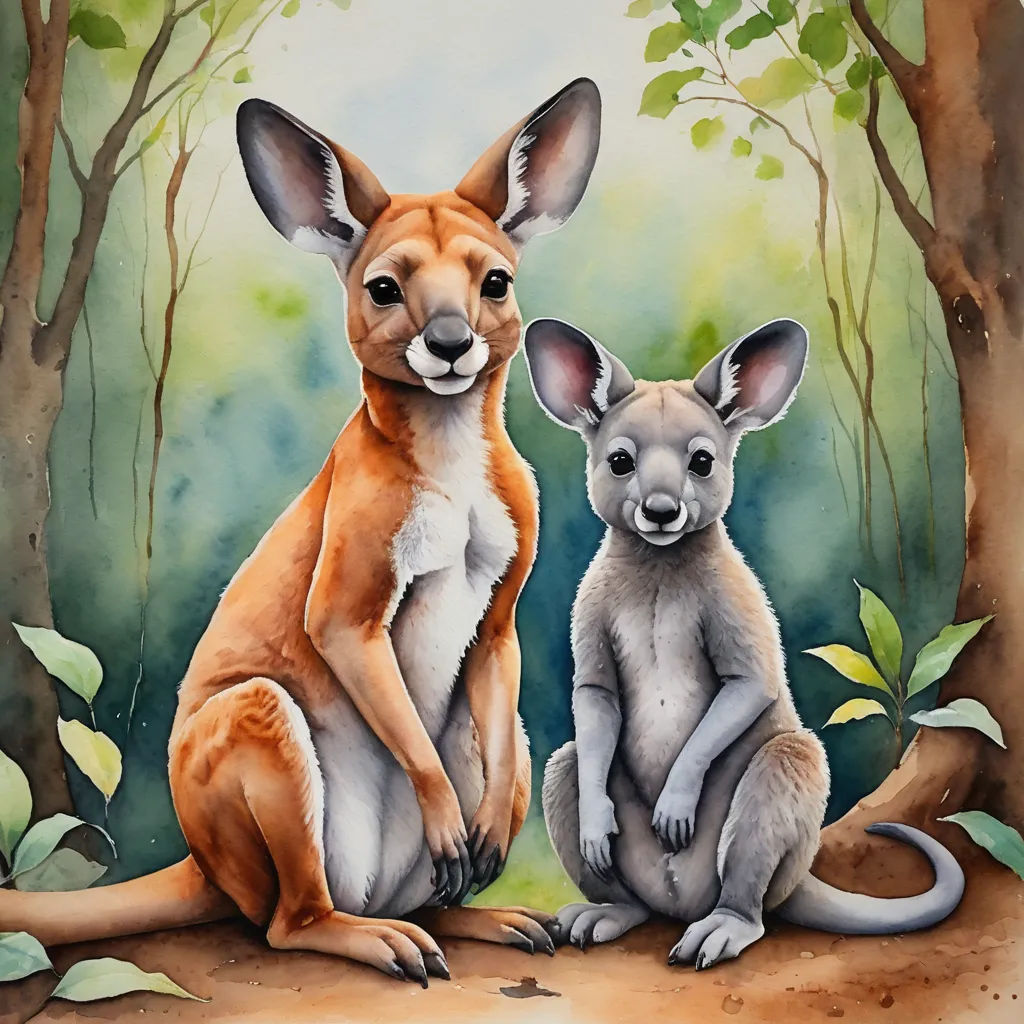 a painting of two kangaroos sitting next to each other in the woods with leaves on the ground and one of them looking at the camera, australian tonalism, a watercolor painting, Claire Dalby, watercolor