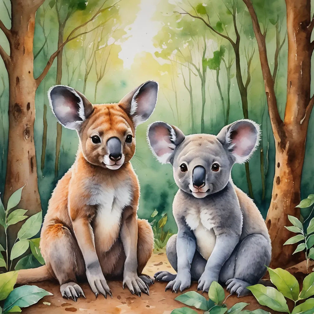 a painting of two koalas sitting in the woods together, one is looking at the camera and the other is looking at the camera, furry art, a watercolor painting, Claire Dalby, watercolor