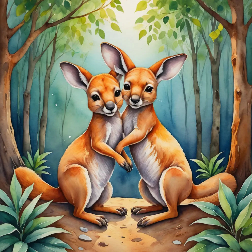 two kangaroos are hugging in the woods by a tree with leaves on it and a blue sky behind them, naive art, an airbrush painting, Daphne McClure, leesha hannigan