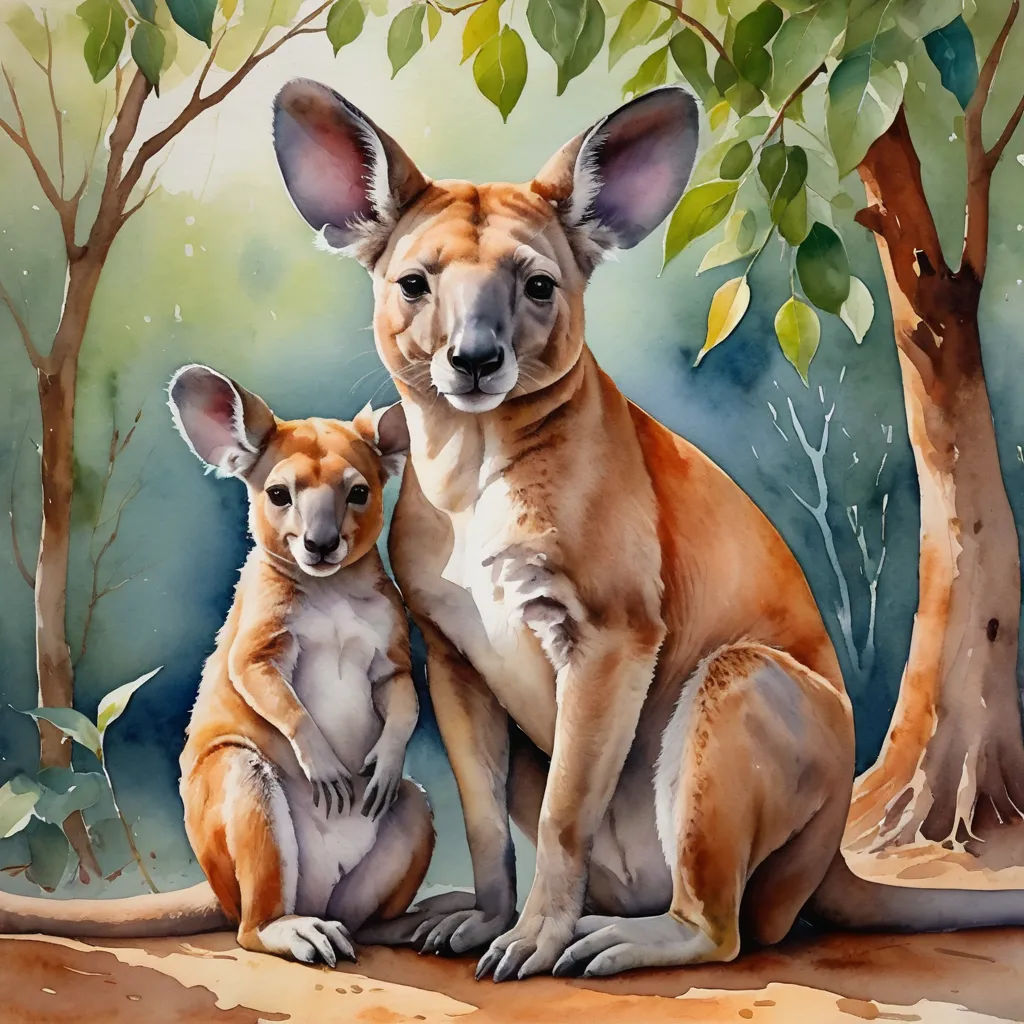 a painting of two dogs sitting next to each other in the woods with trees in the background and one dog is holding the other dog's leg, australian tonalism, a watercolor painting, Elizabeth Durack, watercolor