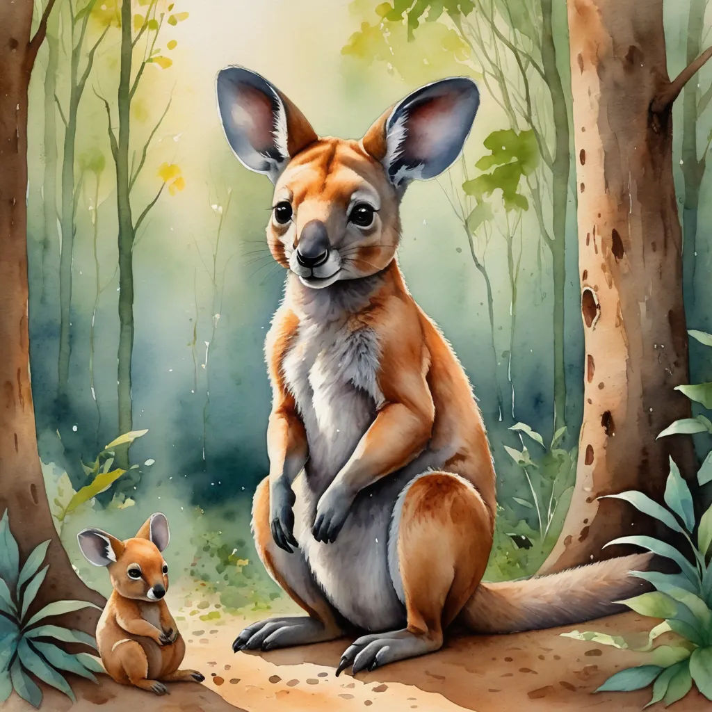 a painting of a kangaroo and its baby in the woods by itself, with a baby kangaroo sitting on its back, furry art, a storybook illustration, Chris LaBrooy, storybook illustration
