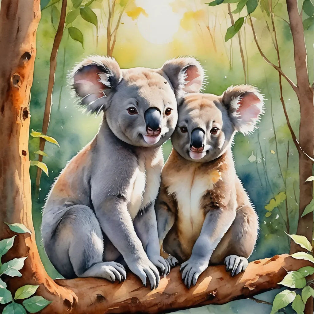 two koalas sitting on a tree branch in the forest with leaves and sunlight shining through the trees, furry art, a watercolor painting, Aloysius O'Kelly, watercolor