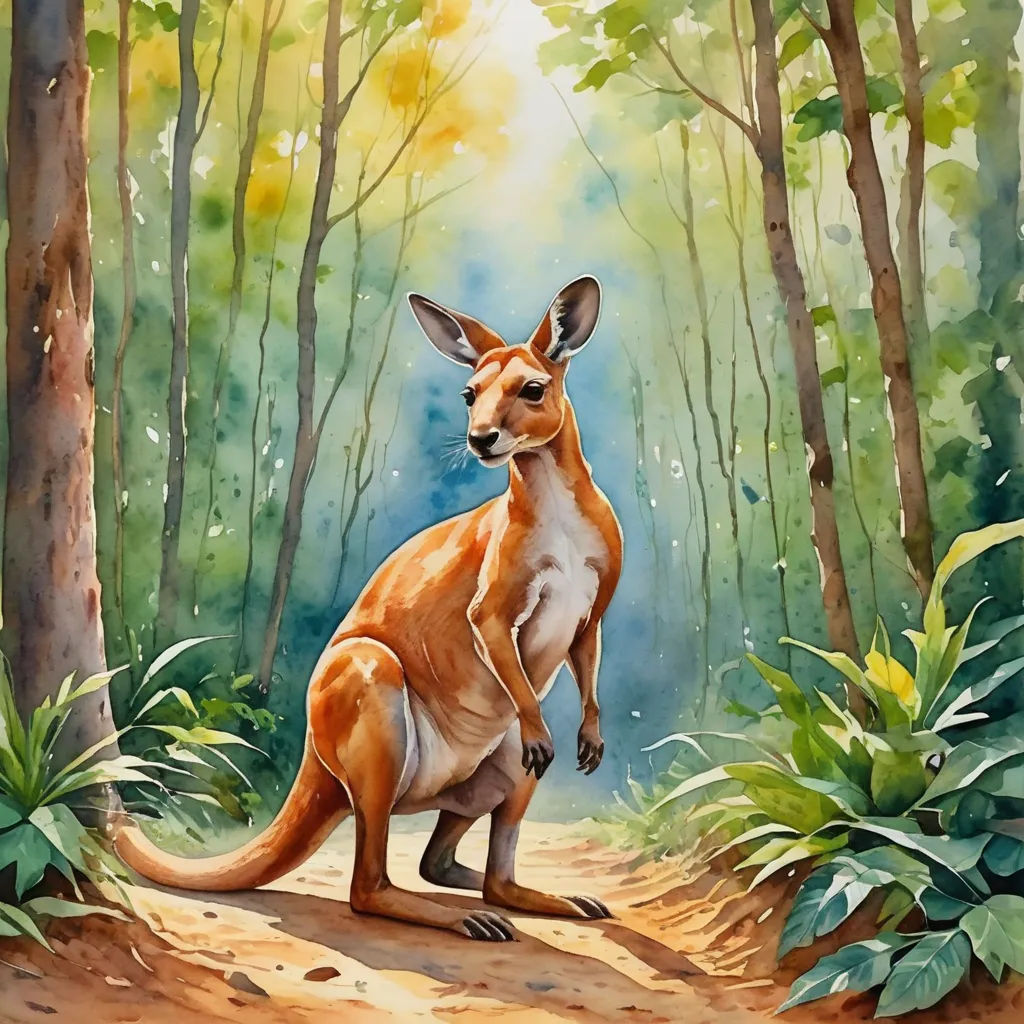 a painting of a kangaroo in the woods with trees and foliage around it, with a bright light coming from behind, australian tonalism, a watercolor painting, Elizabeth Durack, rossdraws global illumination