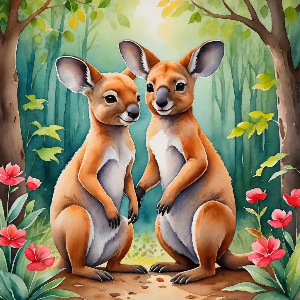 two kangaroos are standing in the middle of a forest with flowers and trees around them, one of them is looking at the camera, naive art, an airbrush painting, Daphne McClure, leesha hannigan