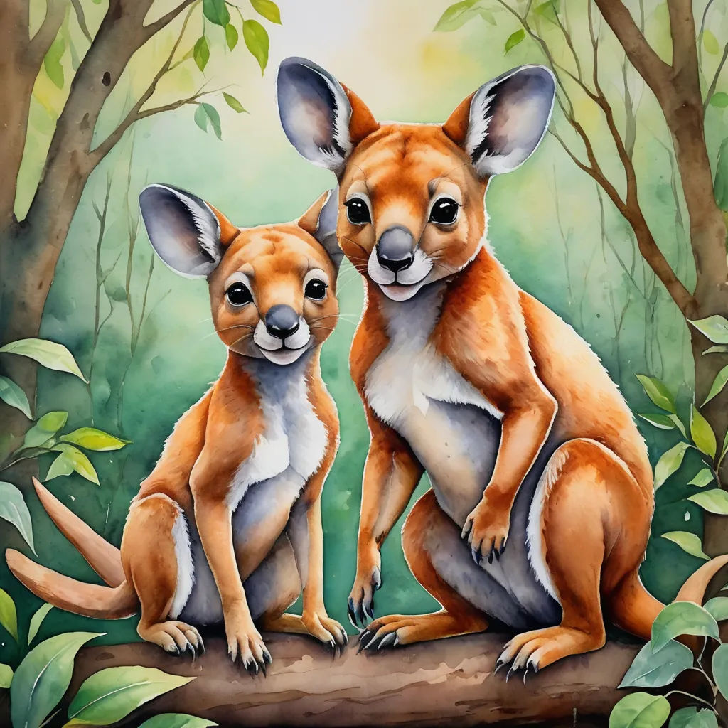 a painting of two small kangaroos sitting on a log in a forest with green leaves and trees in the background, furry art, an airbrush painting, Claire Dalby, professional digital painting