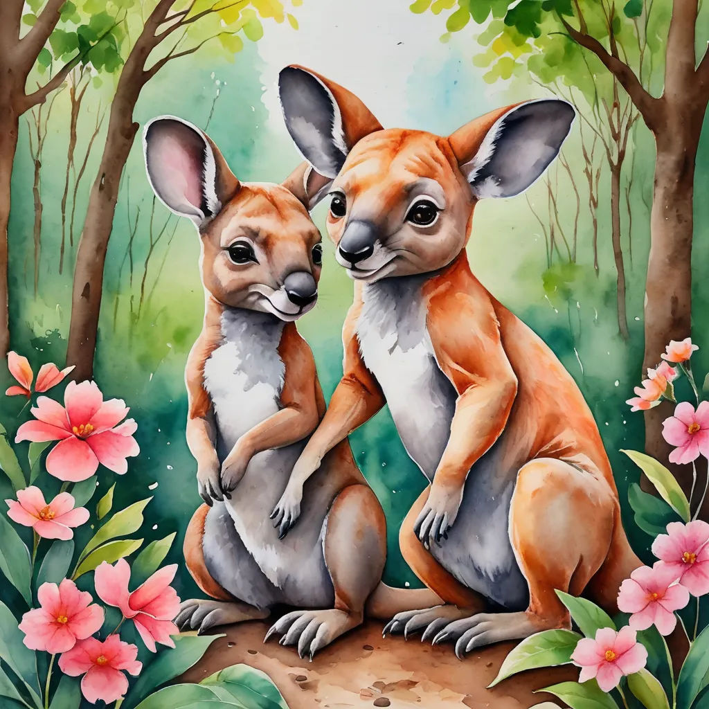 a painting of two kangaroos sitting on a tree stump in a forest with flowers and trees around them, naive art, an airbrush painting, Claire Dalby, leesha hannigan