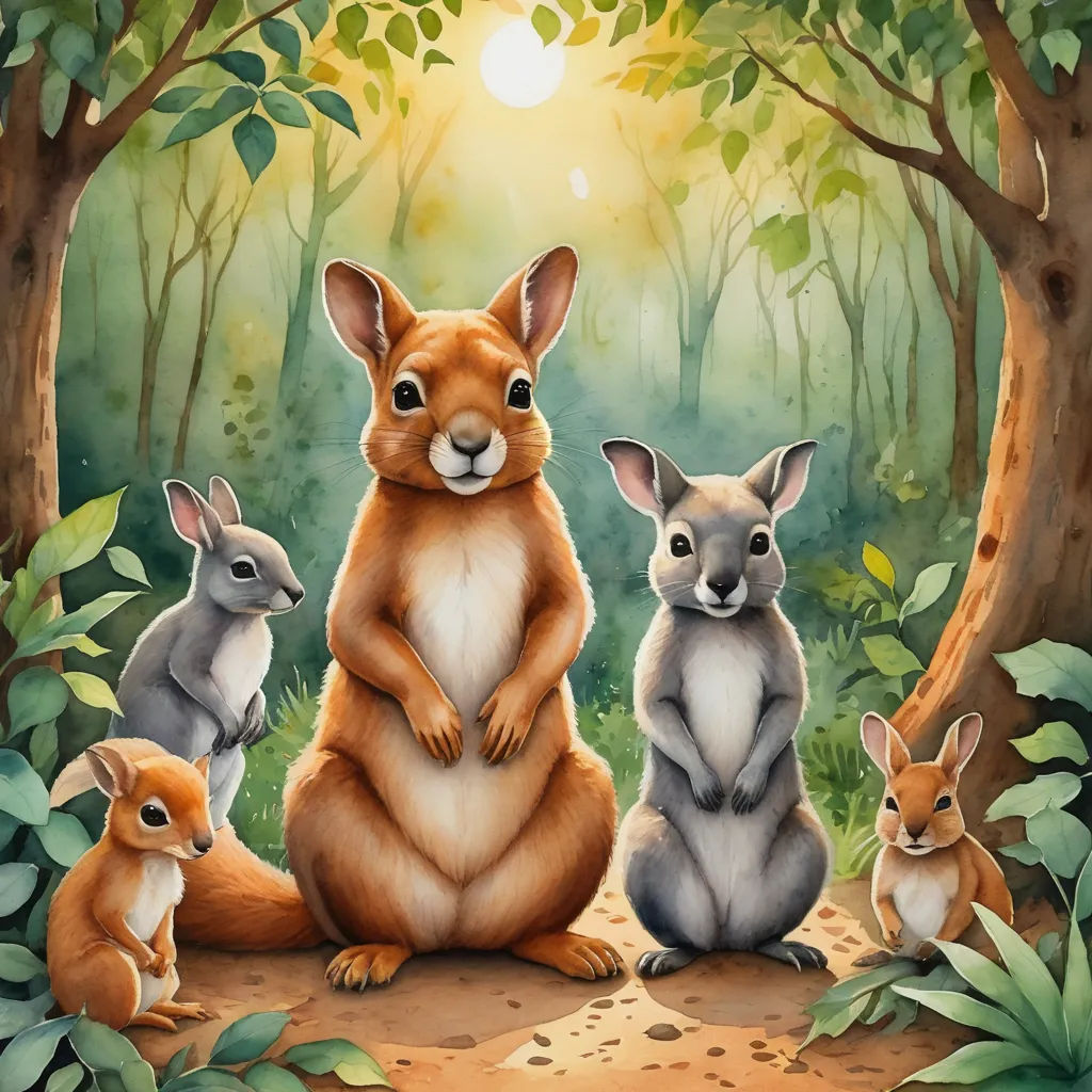 a painting of a kangaroo family in the forest with a baby kangaroo in the foreground and a larger kangaroo in the background, naive art, a storybook illustration, Chris LaBrooy, official art