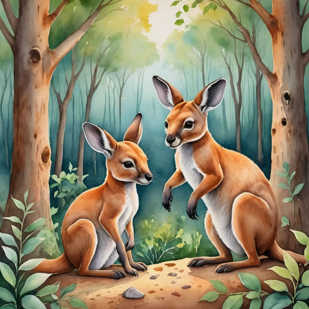 a painting of two kangaroos in a forest with trees and leaves on the ground and one of them is looking at the camera, furry art, a storybook illustration, Claire Dalby, storybook illustration