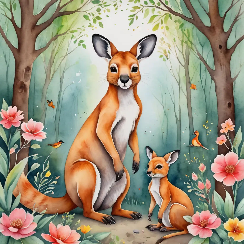 a painting of a mother fox and her baby in the woods with flowers and butterflies around her, and a bird flying overhead, naive art, a storybook illustration, Claire Dalby, leesha hannigan