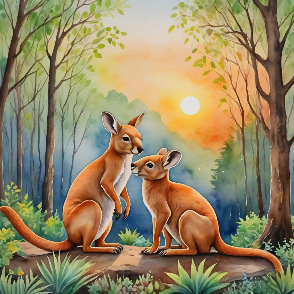 a painting of two kangaroos in a forest at sunset with the sun setting behind them and trees and foliage, naive art, a watercolor painting, Elizabeth Durack, rossdraws global illumination