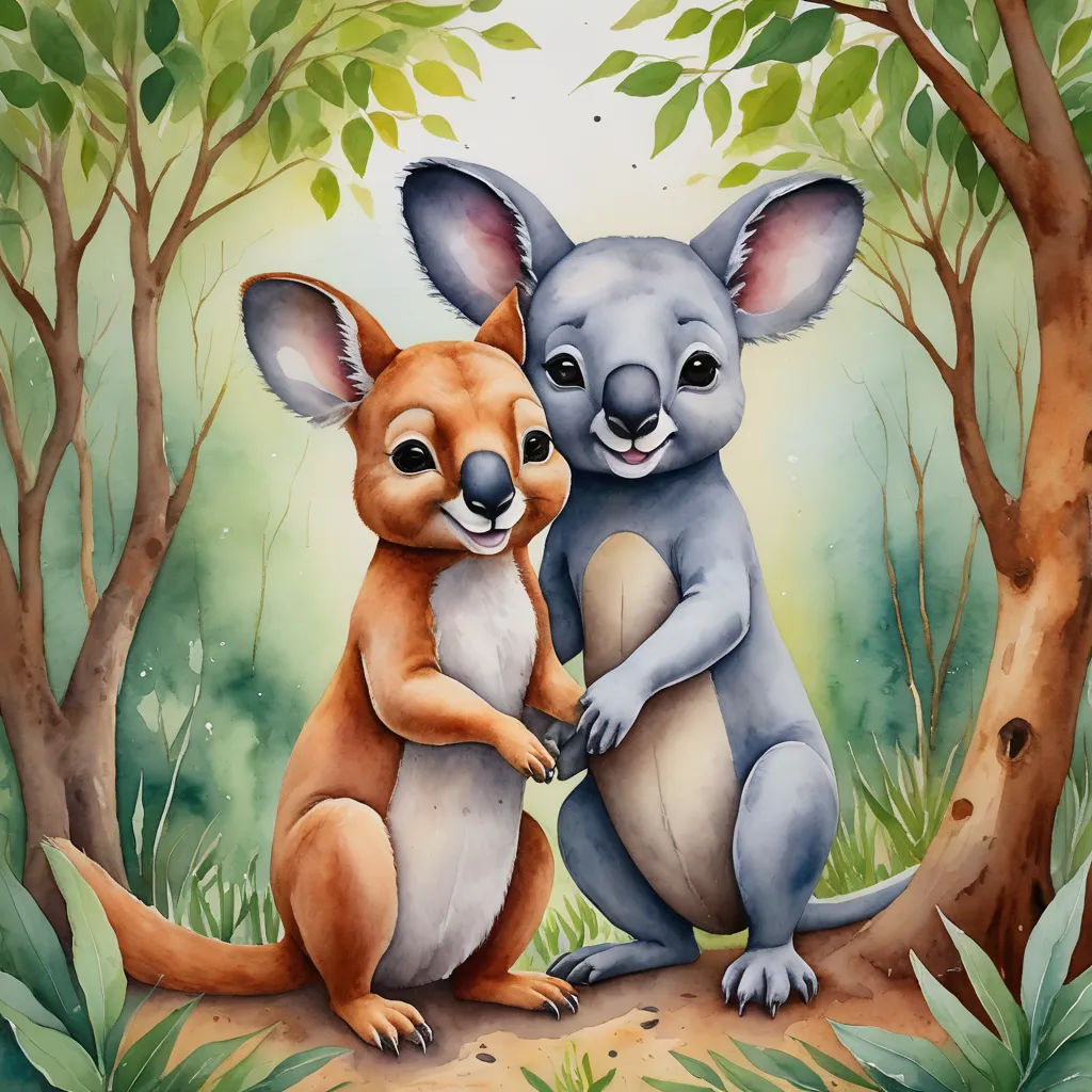 a painting of two animals hugging each other in a forest with trees and grass around them, with a sky background, furry art, a storybook illustration, Aloysius O'Kelly, professional digital painting