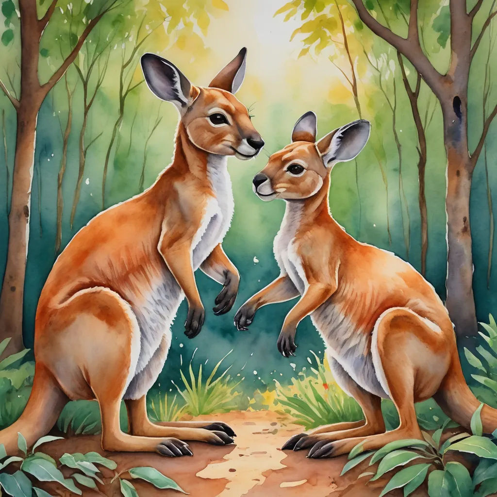 a painting of two kangaroos in the woods with trees in the background and a path leading to them, furry art, an airbrush painting, Elizabeth Durack, leesha hannigan