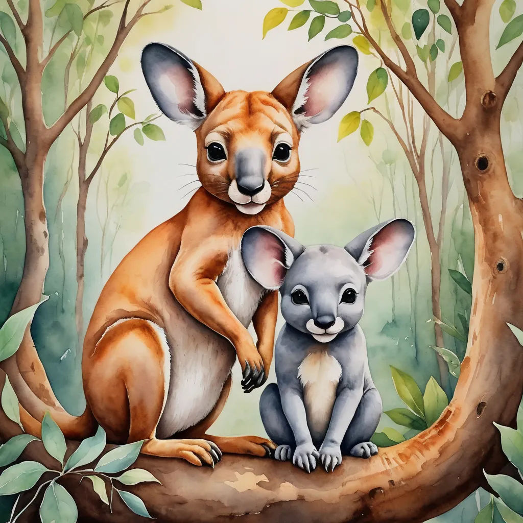 a painting of a kangaroo and a koala sitting on a tree branch in a forest with leaves and branches, furry art, a storybook illustration, Brian and Wendy Froud, storybook illustration