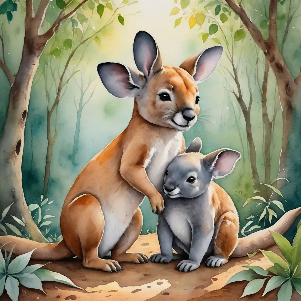 a painting of a kangaroo and a baby kangaroo in a forest with trees and leaves on the ground and a bright light coming through the trees, furry art, an airbrush painting, Brian and Wendy Froud, trending on art station