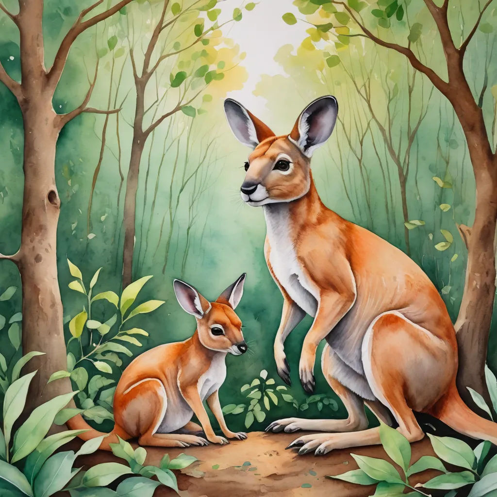 a painting of a kangaroo and a baby kangaroo in a forest with trees and foliages, with a white background, furry art, a watercolor painting, Claire Dalby, leesha hannigan