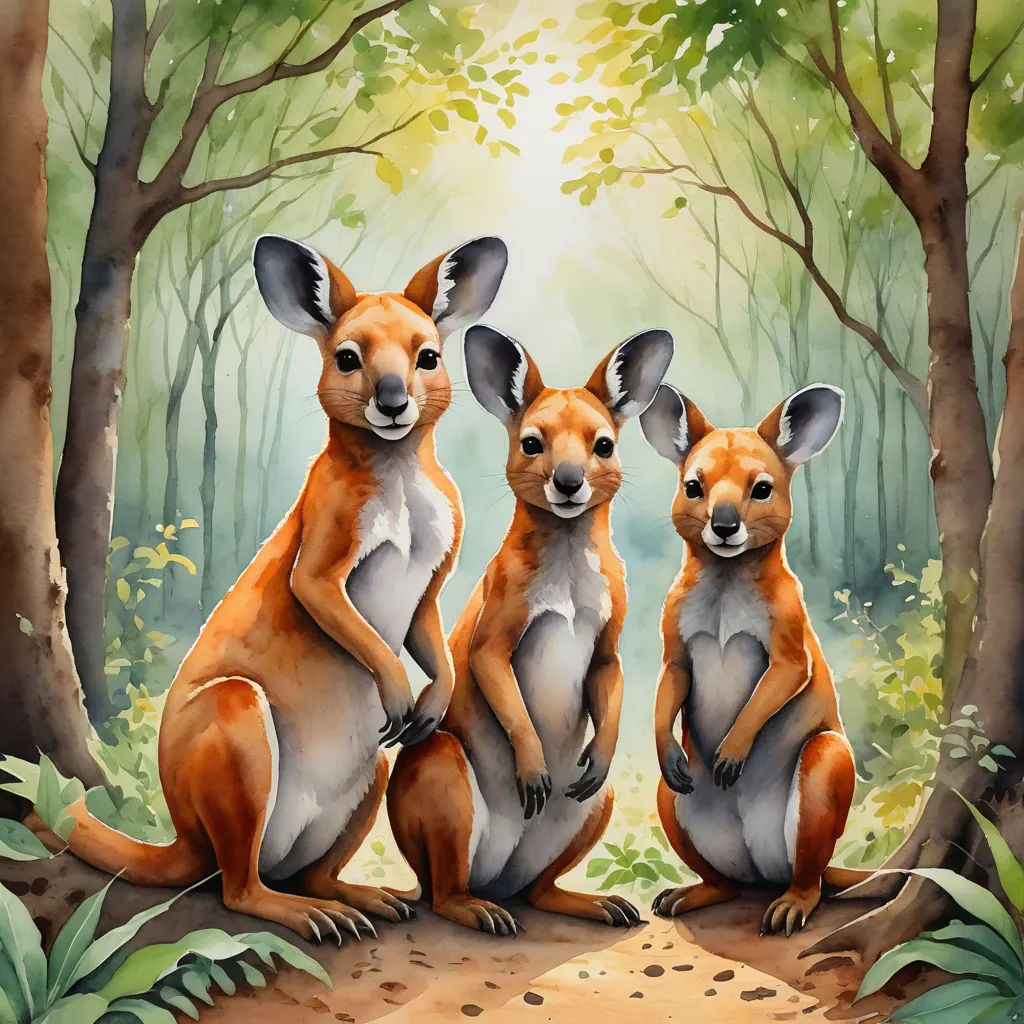 three kangaroos are sitting in the woods together, one is looking at the camera and the other is looking at the camera, furry art, a storybook illustration, Elizabeth Durack, trending on art station