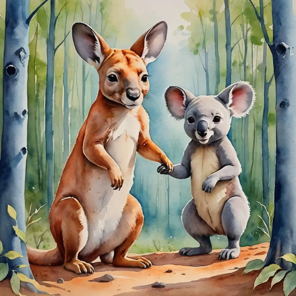 a painting of two kangaroos in a forest with trees and rocks on the ground, one of them holding the other's paw, furry art, a watercolor painting, Chris LaBrooy, storybook illustration