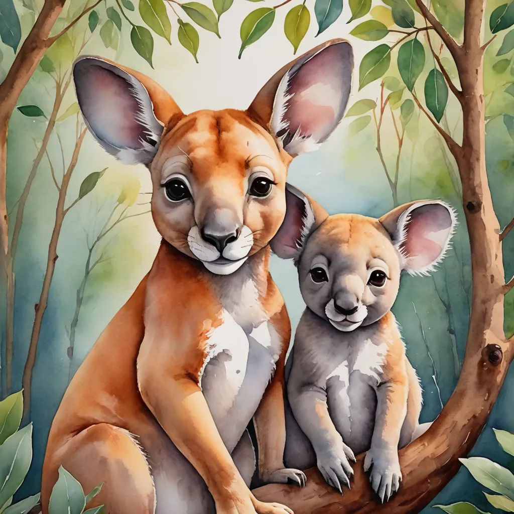 a painting of a mother kangaroo and her baby sitting in a tree with leaves on the branches and a sky background, australian tonalism, a watercolor painting, Claire Dalby, in gouache detailed paintings