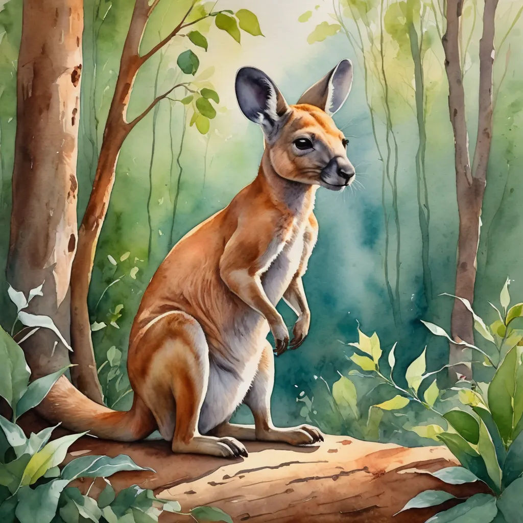 a painting of a kangaroo sitting on a log in the woods with trees and foliage around it, with a blue sky in the background, australian tonalism, a watercolor painting, Bob Ringwood, rossdraws global illumination