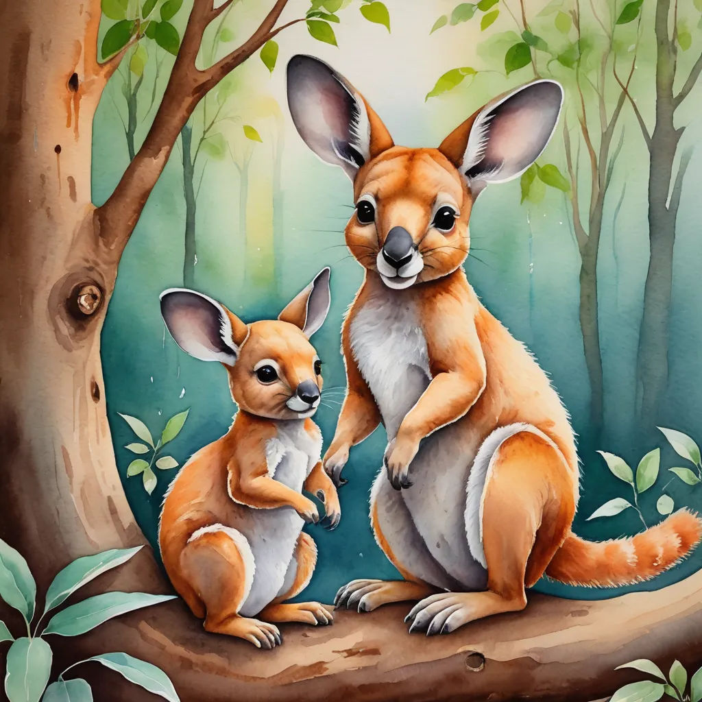 a painting of a kangaroo and a baby kangaroo sitting on a tree branch in a forest with leaves and a tree trunk, furry art, an airbrush painting, Claire Dalby, in gouache detailed paintings