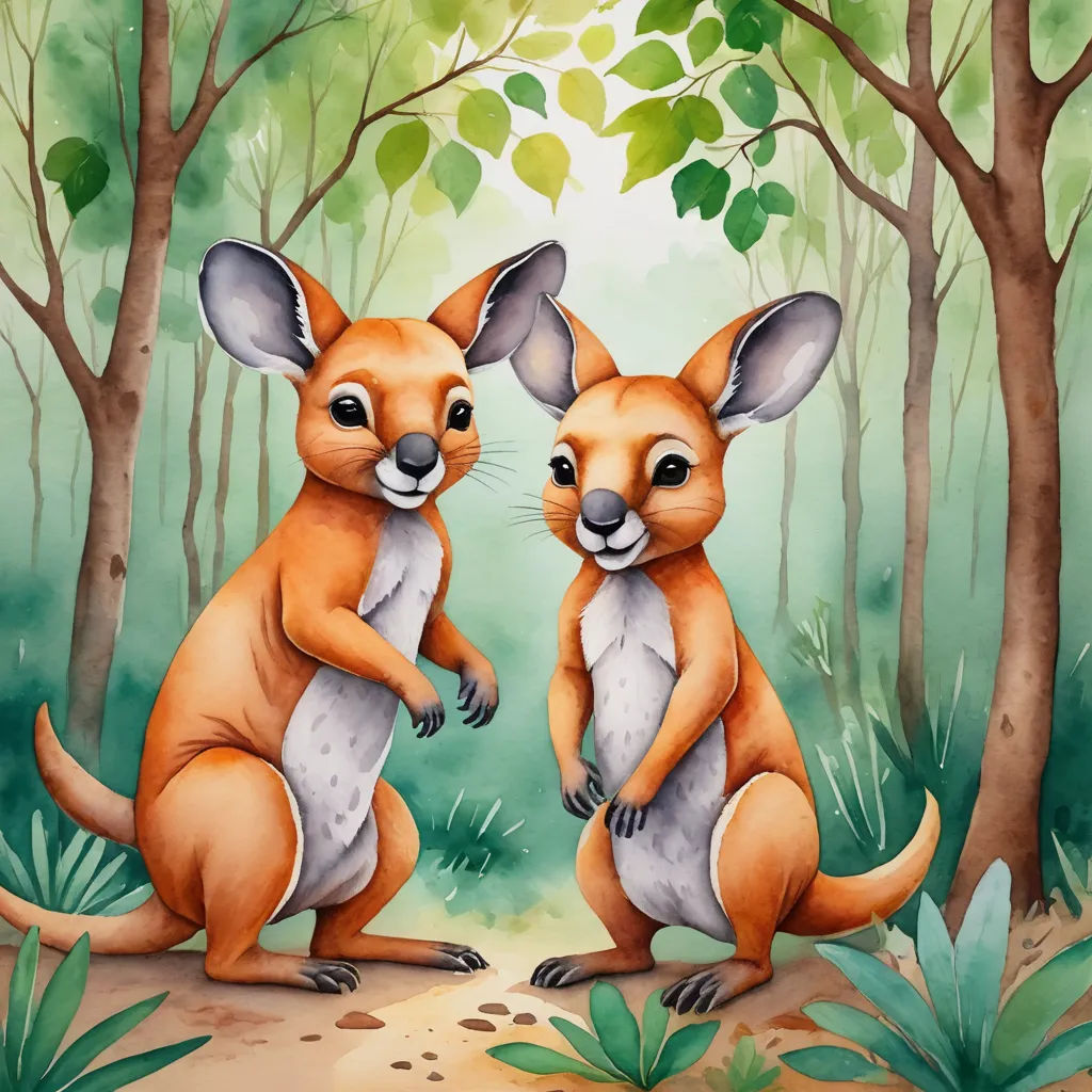 two kangaroos are standing in the woods together, one is holding the other's tail and the other is looking at the camera, furry art, a storybook illustration, Elizabeth Durack, storybook illustration