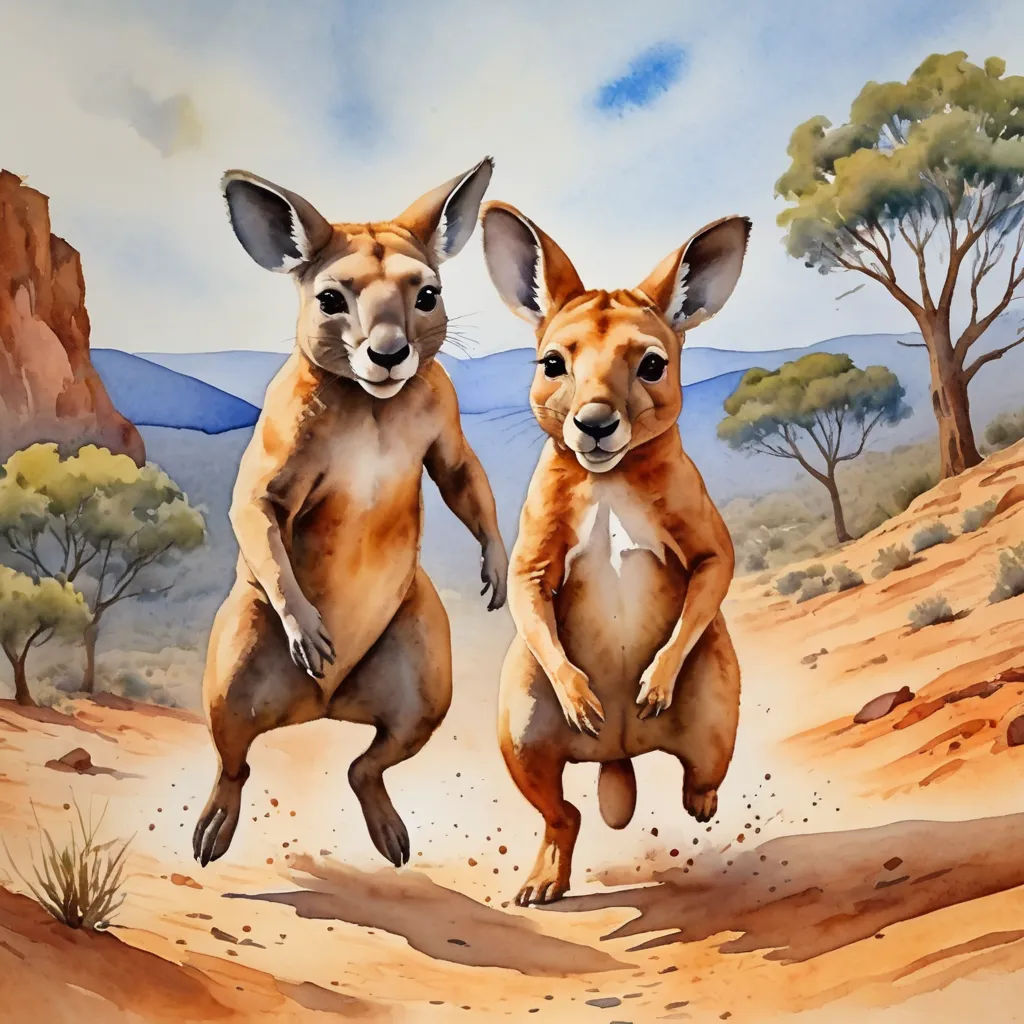 two kangaroos are running in the desert with trees in the background and a mountain in the background, with a blue sky, figurative art, an airbrush painting, Elizabeth Durack, in gouache detailed paintings