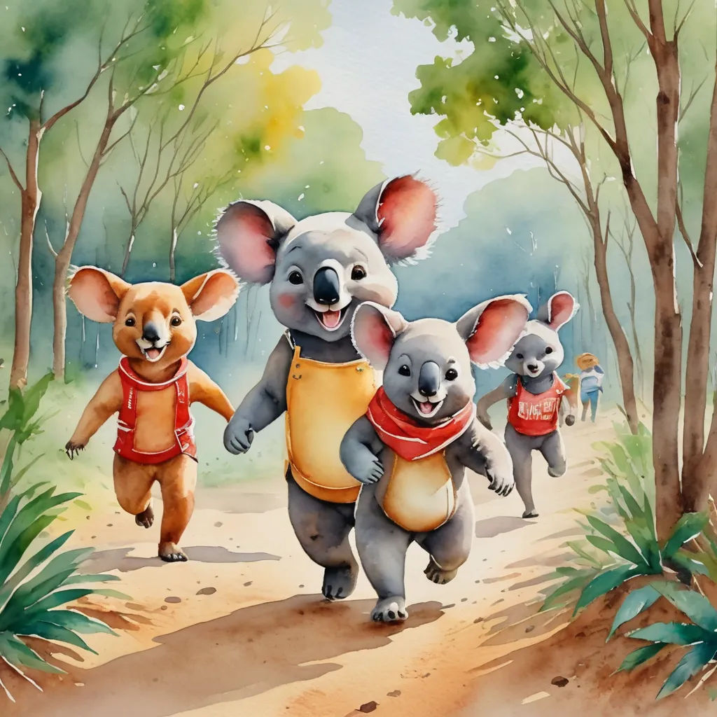 a painting of a group of koalas walking in the woods together with a baby koala on their back, sots art, a storybook illustration, Aloysius O'Kelly, storybook illustration