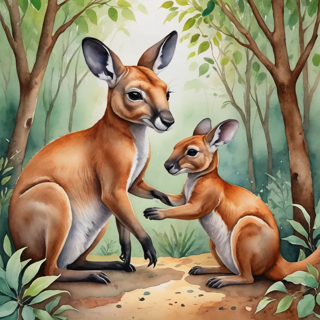 a painting of two kangaroos in a forest with trees and leaves around them, one of them touching the other's tail, furry art, a digital painting, Don Bluth, professional digital painting